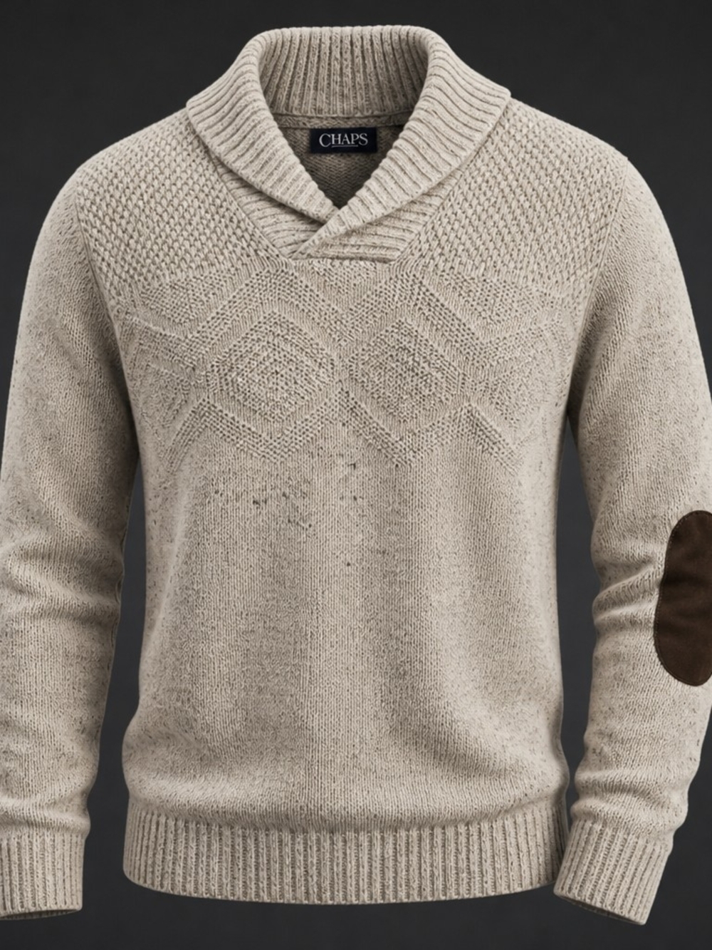 Chaps Cabincore L Oatmeal Knit Shawl Collar Pullover Sweater Elbow Patches 5053